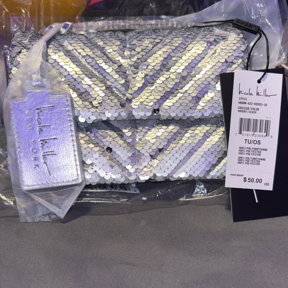 Nicole Miller Silver Sequin Crossbody Bag